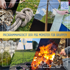 Acht Fotoausschnitte zeigen Eindrücke zu den verschiedenen Programmen. In der Mitte steht der Titel.